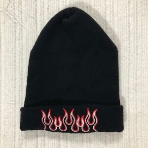 Black Flame Embroidered Beanie‎ Hat USA Made Acrylic Knit Cap